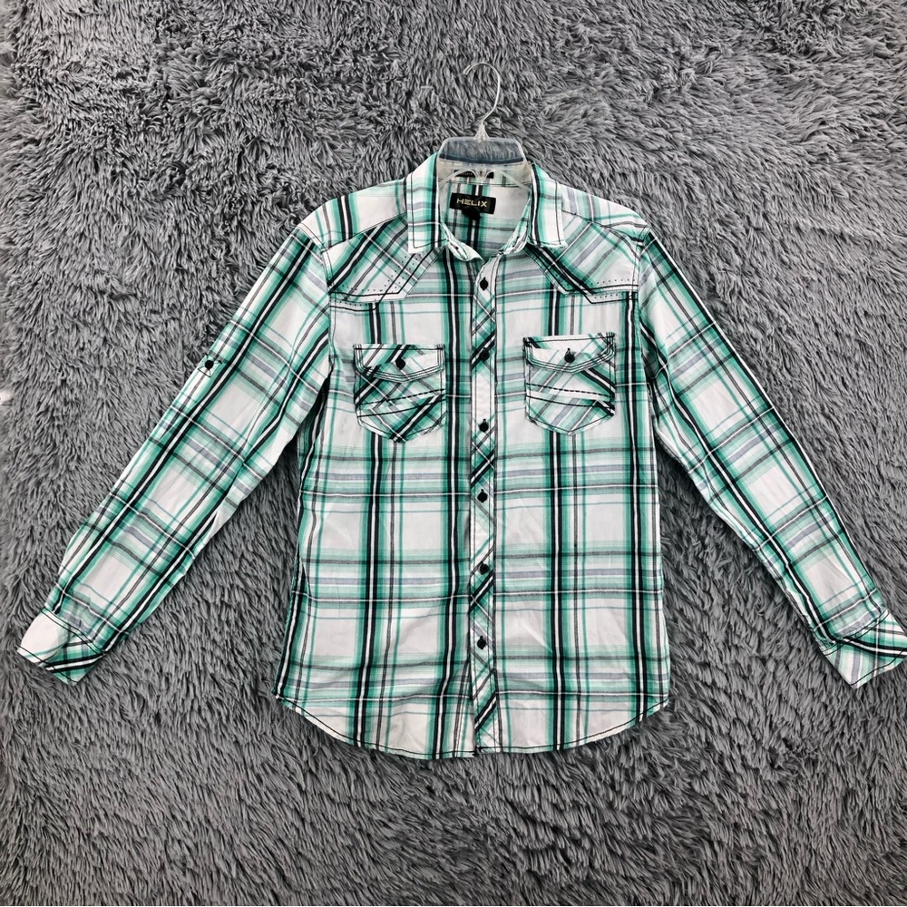 Helix Shirt Mens Medium Green White Button Down Long Sleeve Plaid Athletic Fit